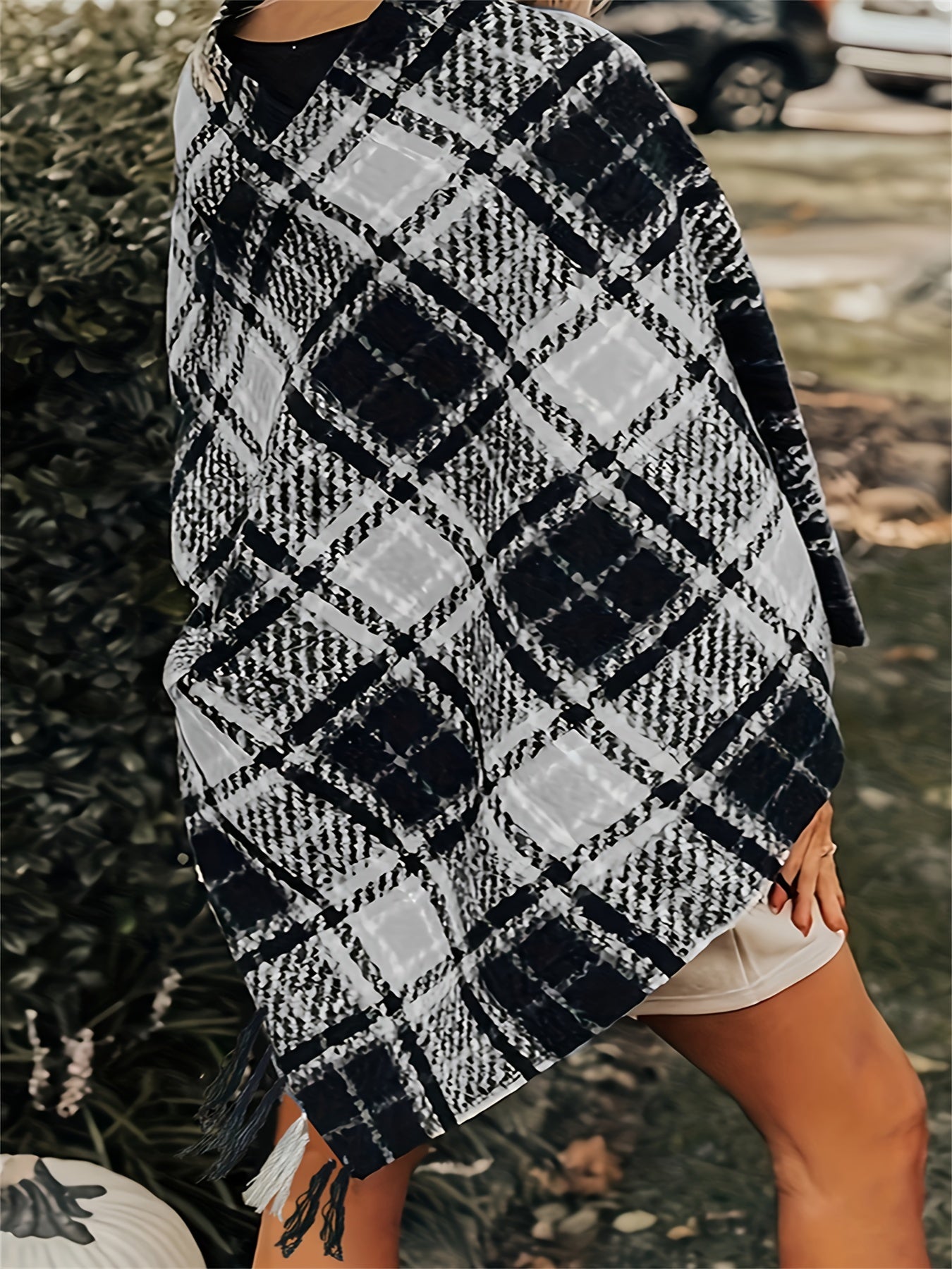 Plaid Print Sweater with Fringe Trim and V Neck