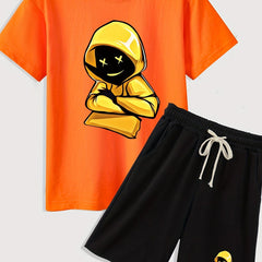 Boys 2-Piece Hoodie & Shorts Set Round Neck Top Casual Kids Clothes