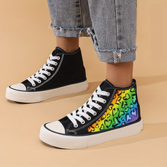 Heart Print Flat Chunky Canvas Sneakers High Top Skate Shoes