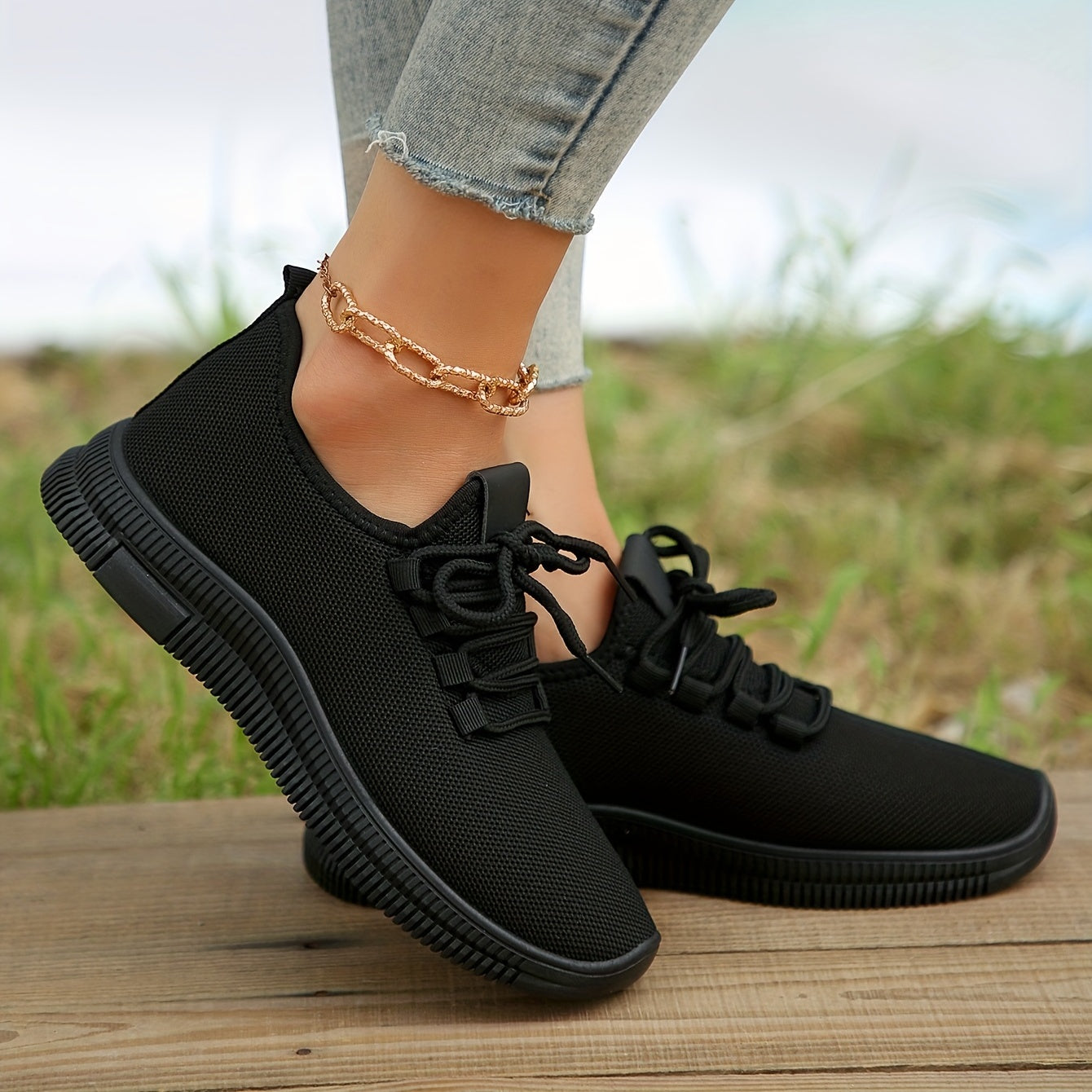 Women's Knit Lace Up Sneakers Round Toe Soft Breathable Comfy Shoes