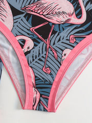 Flamingo Leaf Print One Piece Swimsuit with Cover Up Set