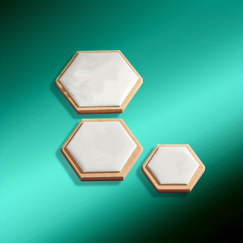 3Pcs Hexagonal Bamboo Jewelry Display Plate & Rack Set