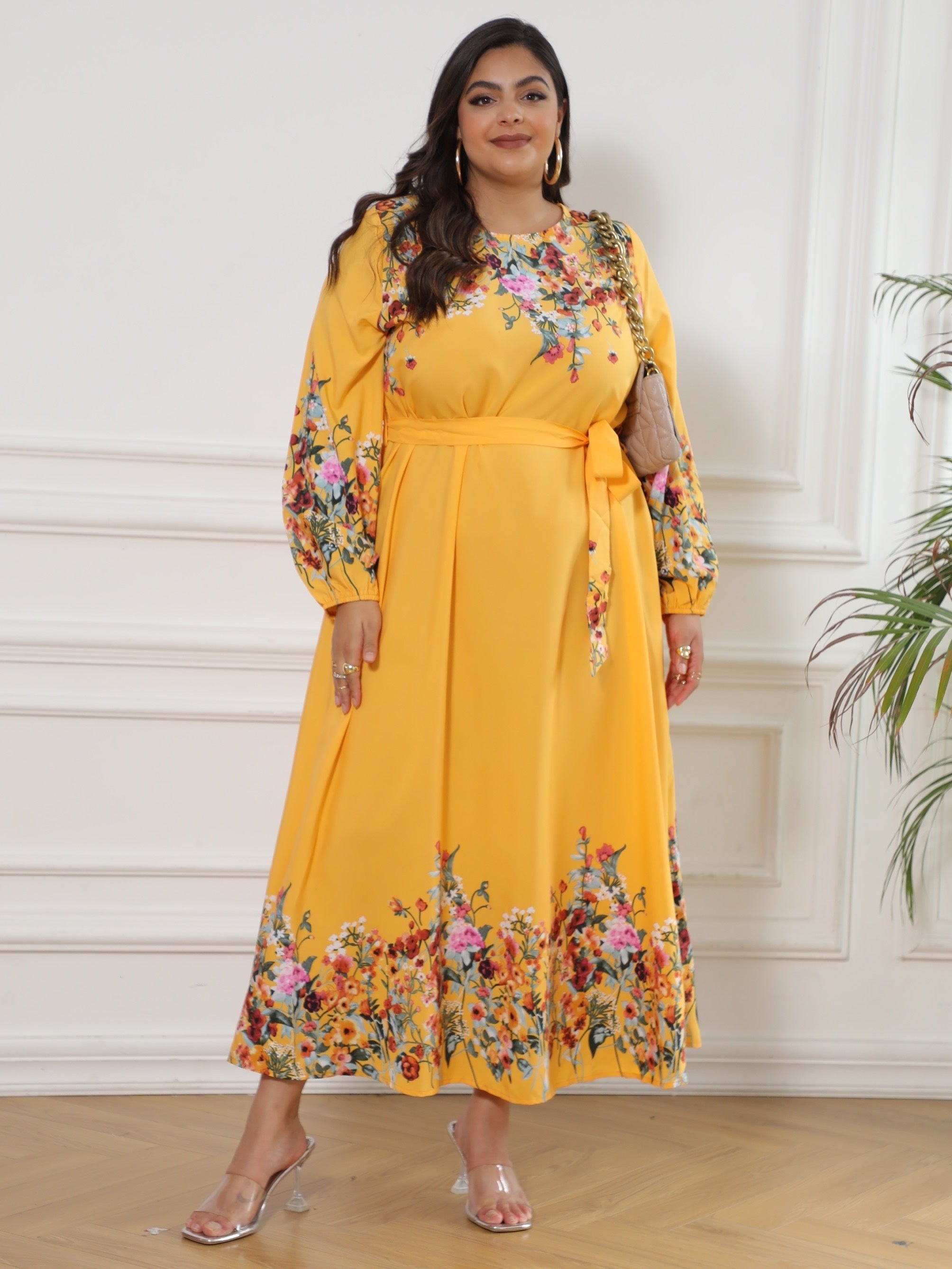 Colorblock Floral Print Long Sleeve Maxi Dress