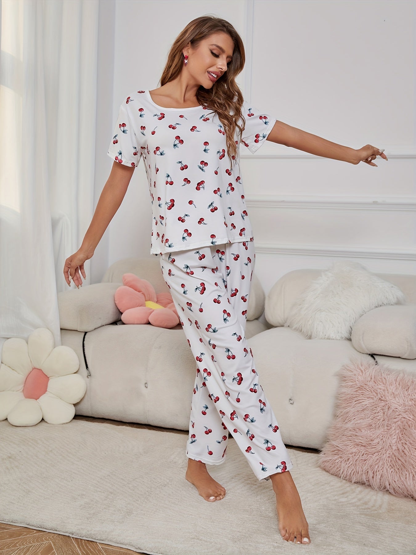 Cherry Print Pajama Set Short Sleeve Top & Pants
