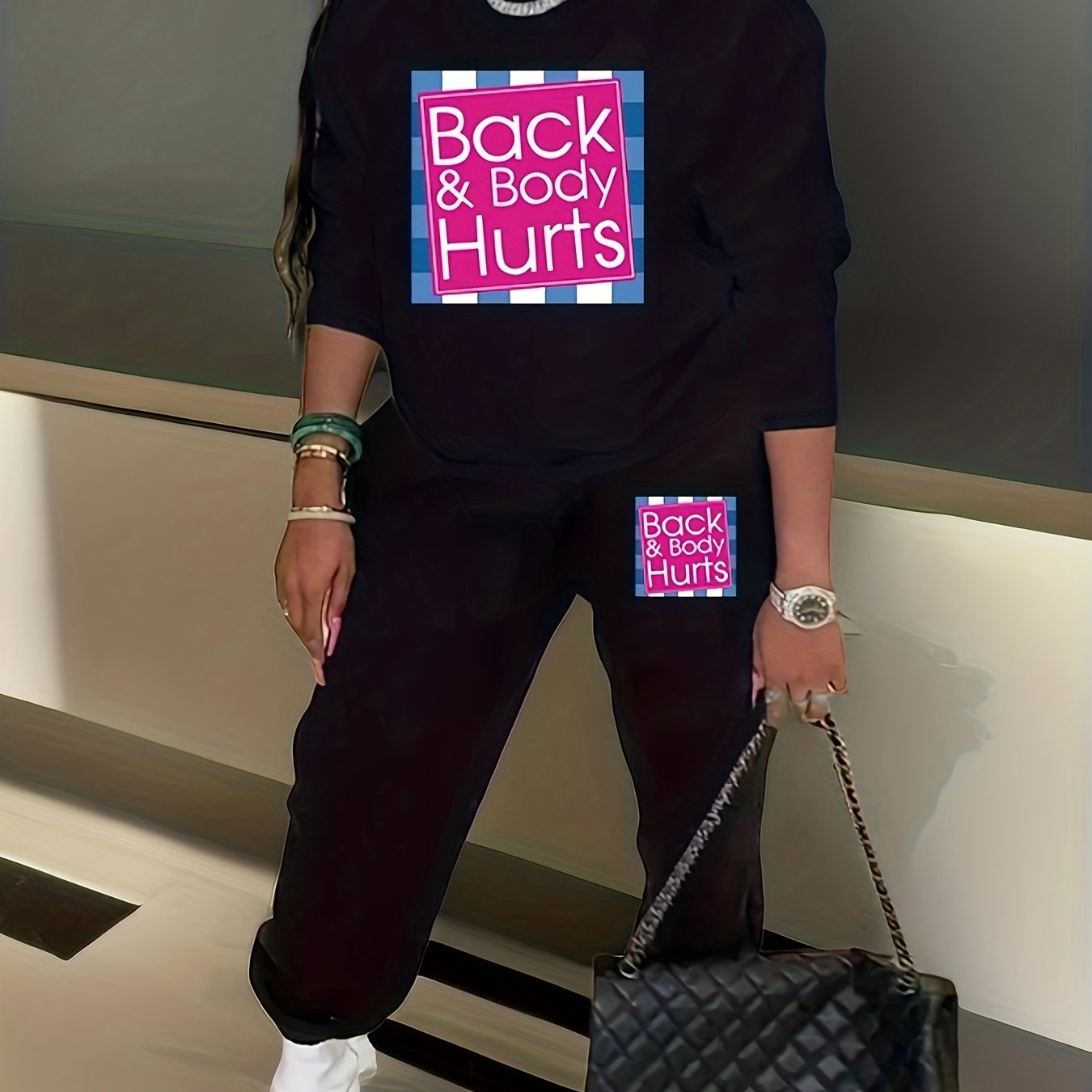 Letter & Graphic Print Sweatshirt & Joggers Set