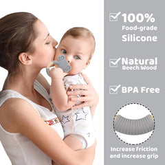Silicone Baby Teether Toy with Natural Beech Wood Handle