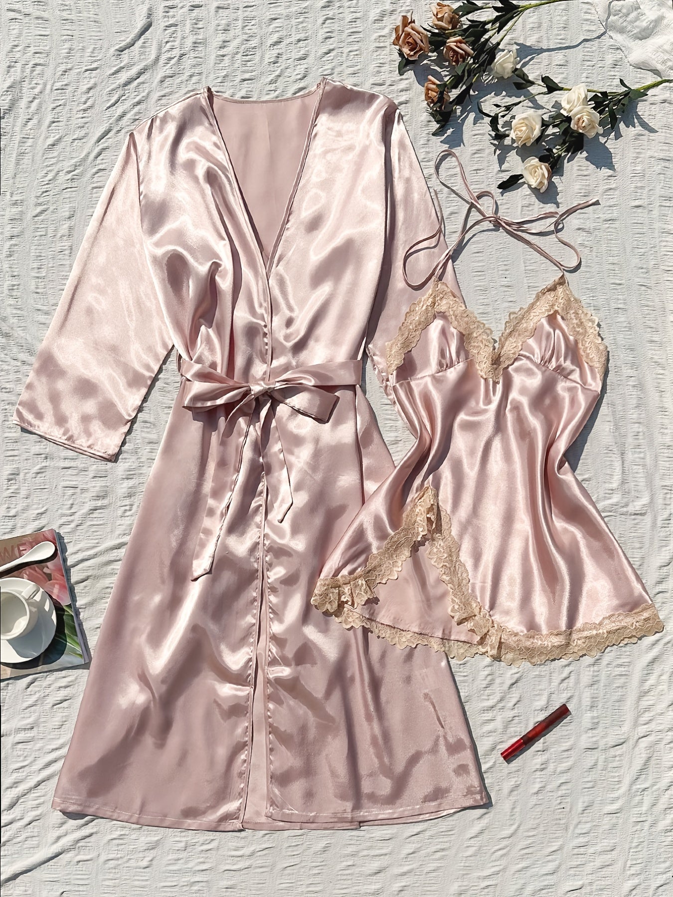 2pcs Satin Robe & Cami Dress Set with Lace Trim