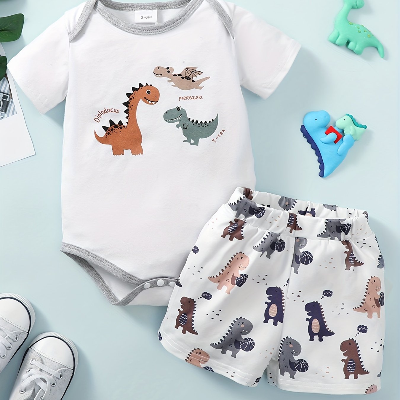 2pcs Baby Boys Animal Graphic Print Onesie & Shorts Set