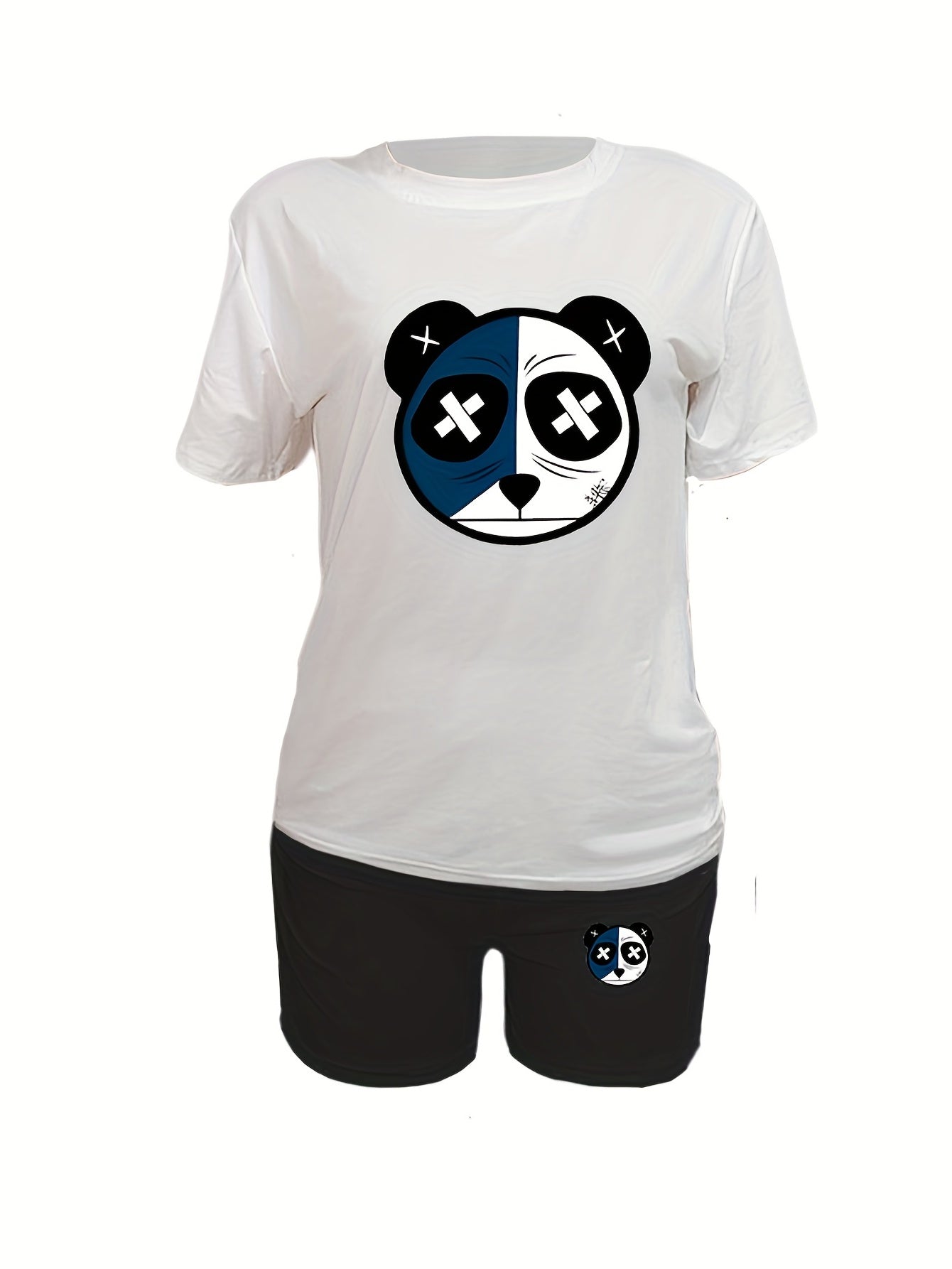 Cartoon Bear Print Two piece Set Short Sleeve Tops & Workout Shorts