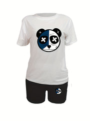 Cartoon Bear Print Two piece Set Short Sleeve Tops & Workout Shorts