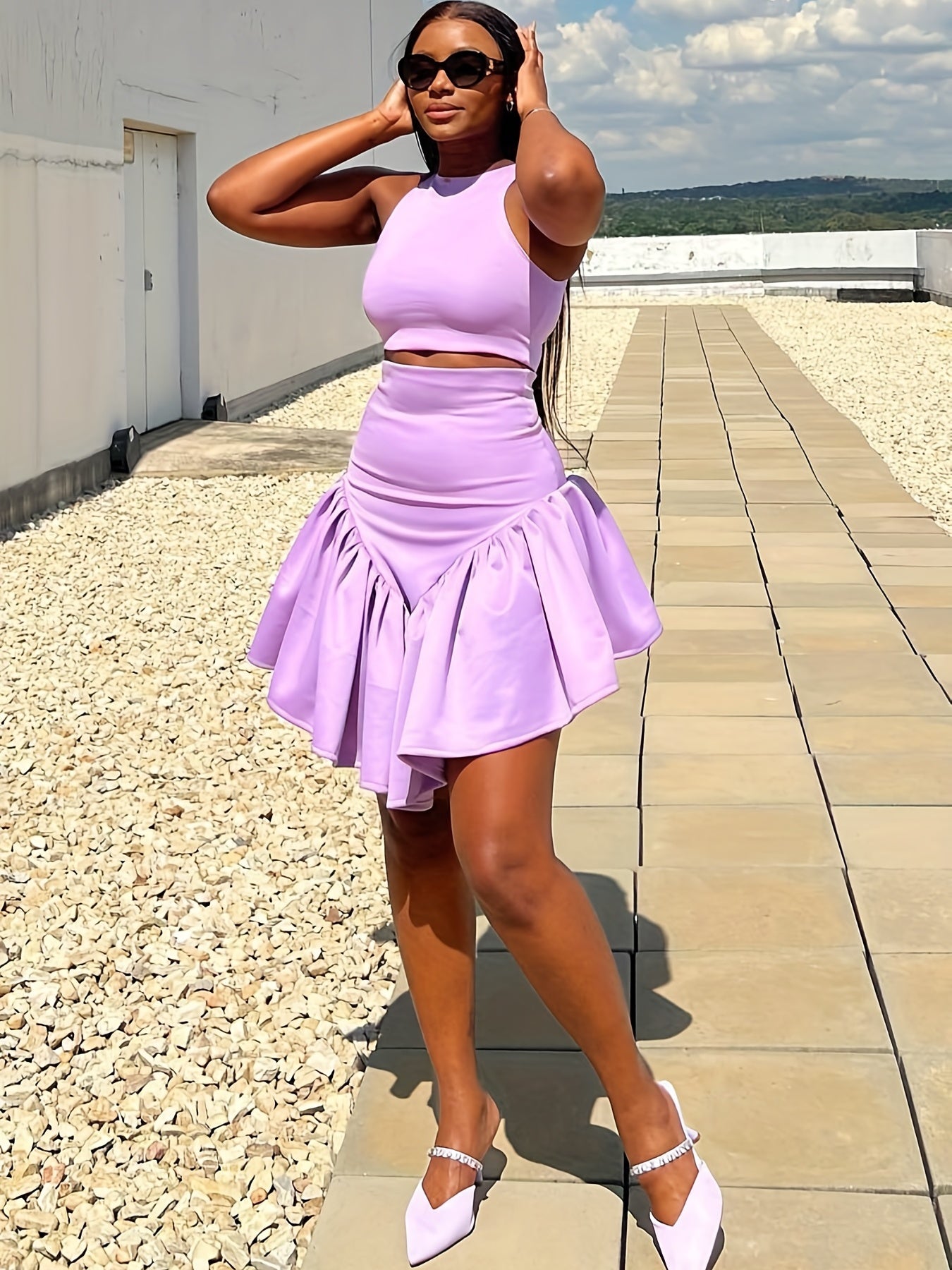 Crop Tank Top & Asymmetrical Skirt Set Women's Clothing