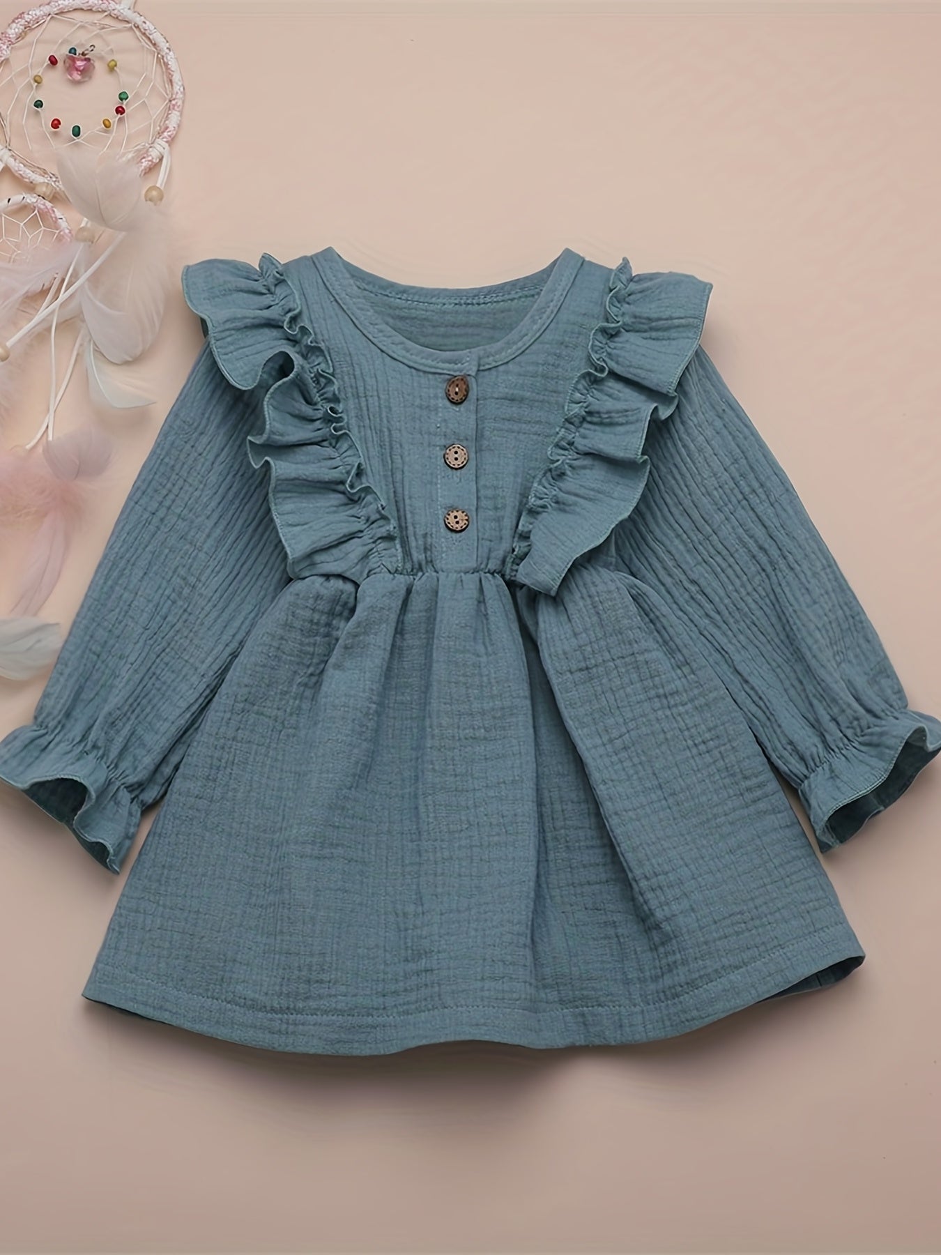 Girls Ruffle Trim Button Long Sleeve Dress