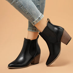 Women's Pointed Toe Ankle Boots Block Heel Faux Leather Shoes