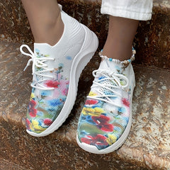 Floral Print Sock Sneakers Lace Up Low Top Sports Shoes