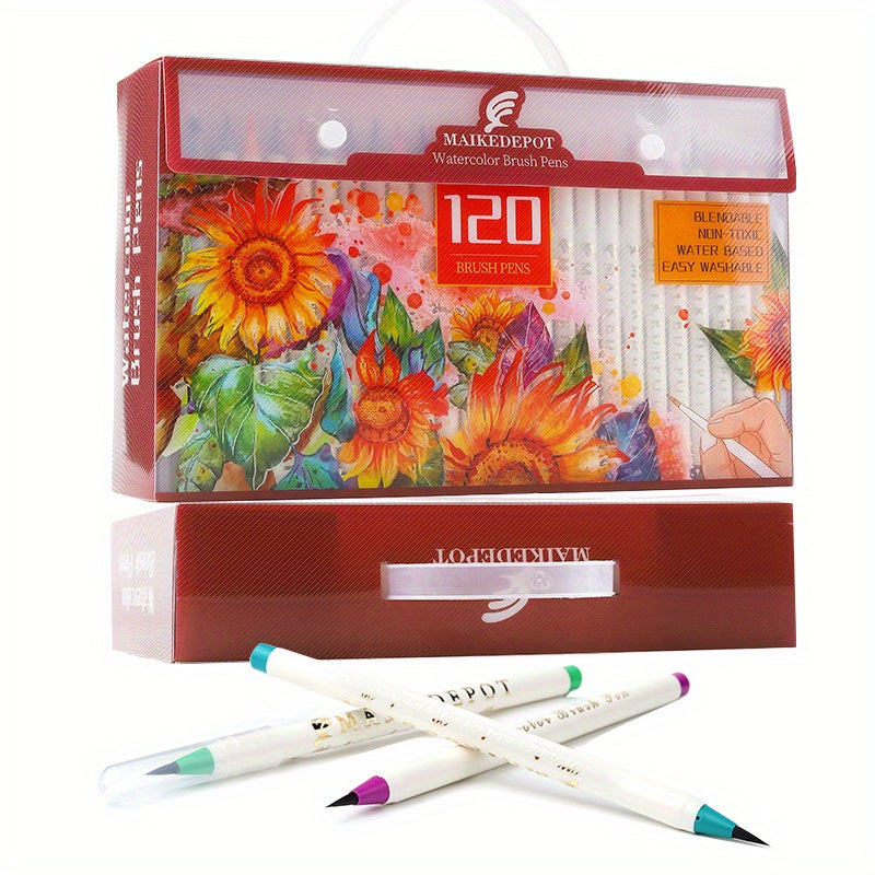 Watercolor Brush Pen Set 120 Colors Real Brush Tips Washable Non-toxic