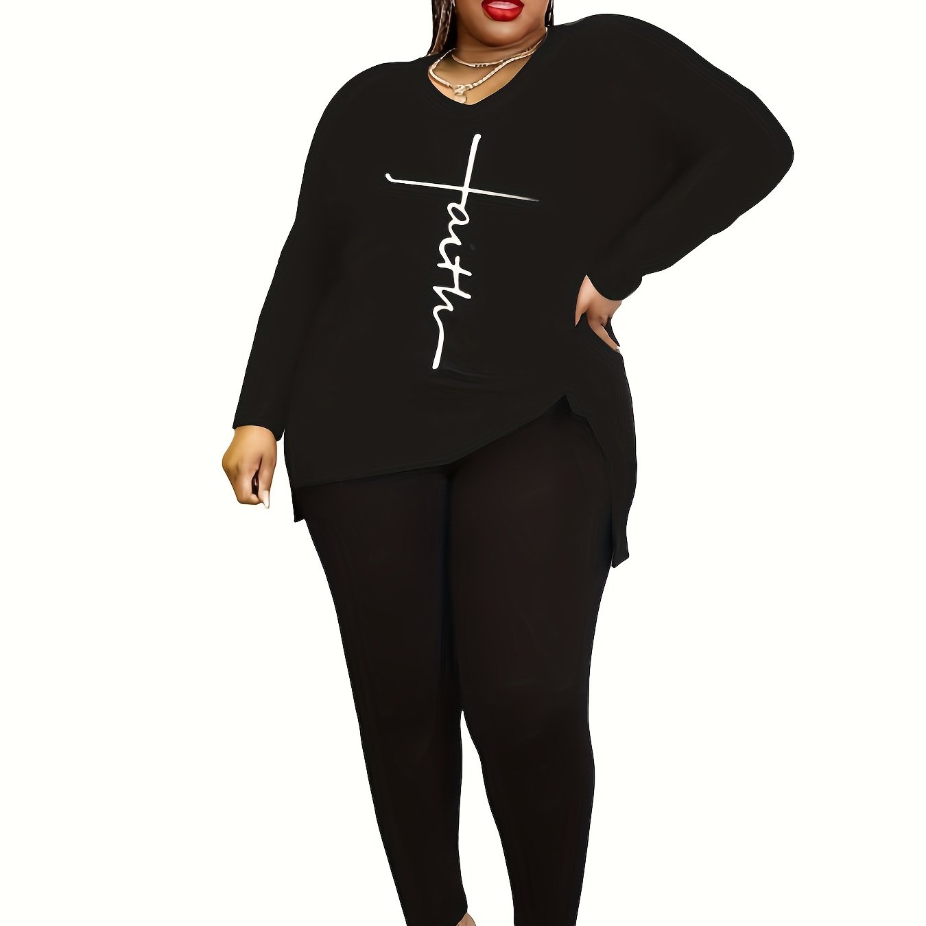 Cross Letter Print V Neck Tee & Pants Set