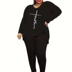 Cross Letter Print V Neck Tee & Pants Set