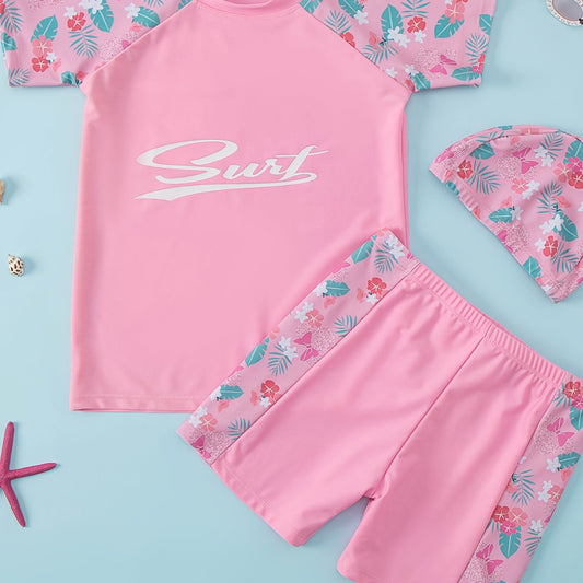 Toddler Girls Bikini Tankini Swimsuit Raglan Sleeve Top Shorts Swimming Cap Set