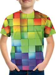 Boy's 3D Cube Graphic T-shirt Casual Breathable Tee for Summer