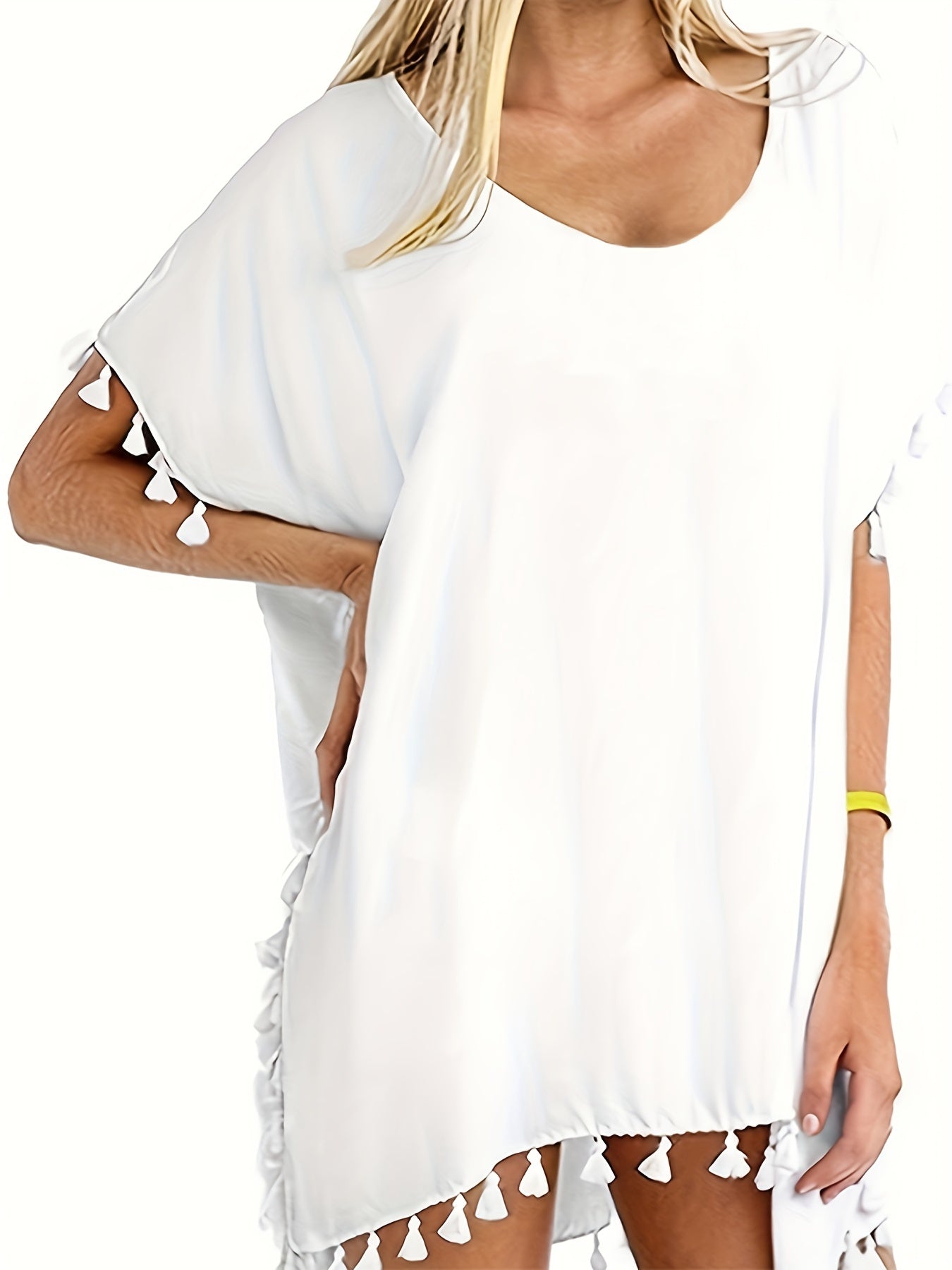 Tassel Decor Cover Up Shirt Round Neck Boho Style Semi Sheer Split Cover Ups