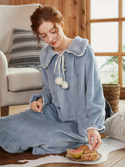 Ruffle Plush Nightdress Court Style Long Sleeve Pompom Decor Pajama Dress
