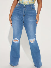 Solid Flared Leg Jeans Plus Size Ripped Fringe Trim Button Fly