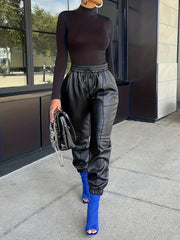 PU Leather Drawstring Pants Elastic Waist Cropped Pants