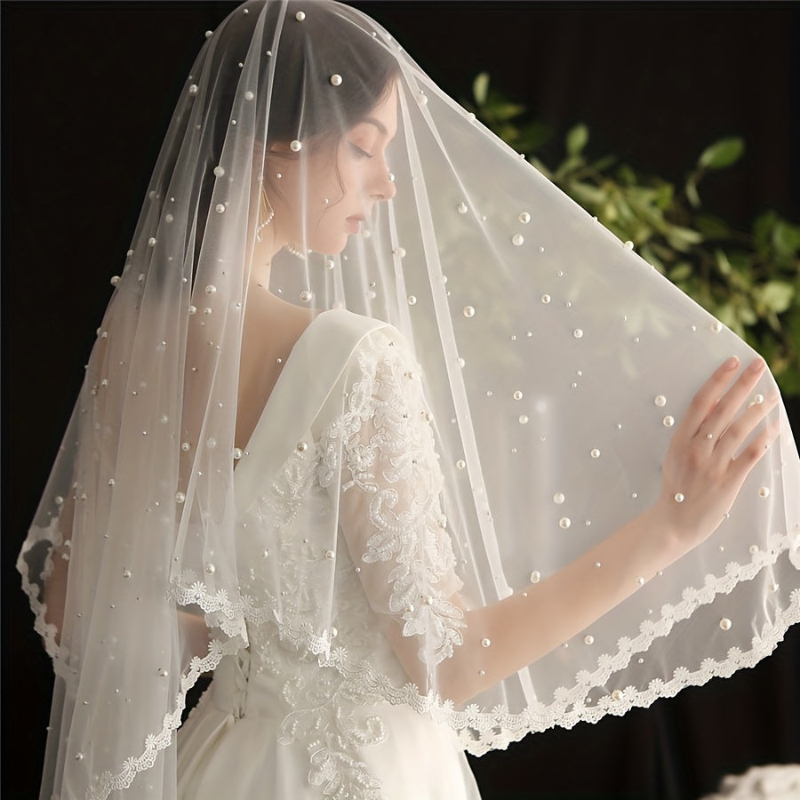 Bridal Pearl Lace Edge Head Veil Wedding Hair Accessories