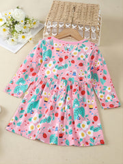 Girls Casual Cartoon Print Cotton Long Sleeve Dress