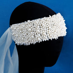 Faux Pearl Headband Mesh Tie Band Wedding Hair Accessories Bridal Headdress