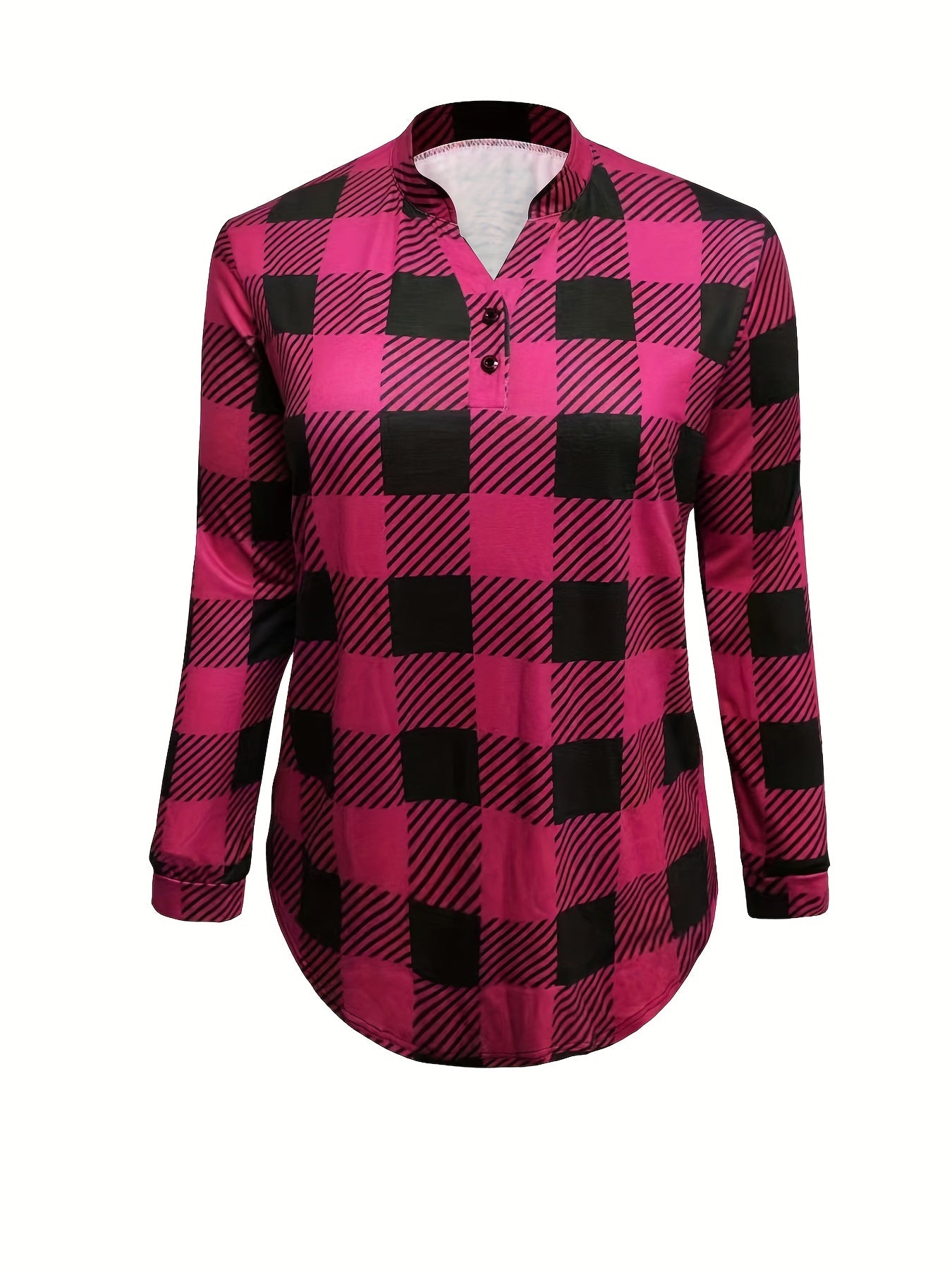Gingham Print Button Long Sleeve Blouse