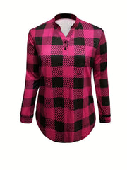 Gingham Print Button Long Sleeve Blouse