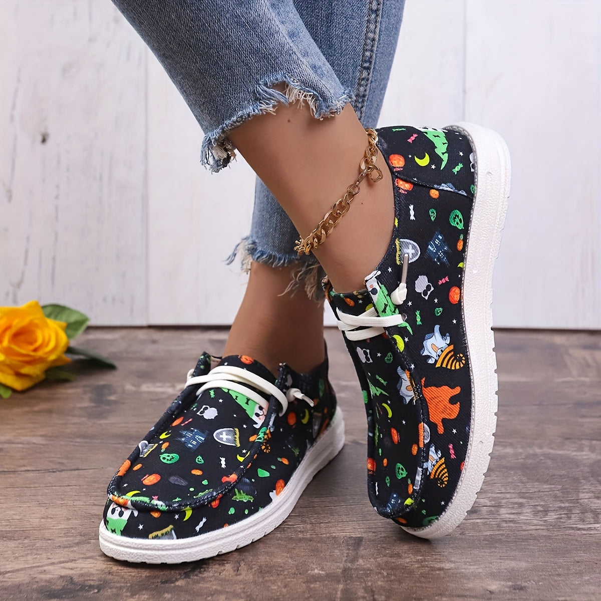 Women's Halloween Pattern Canvas Shoes Lace Up Low Top Slip On Flat Shoes