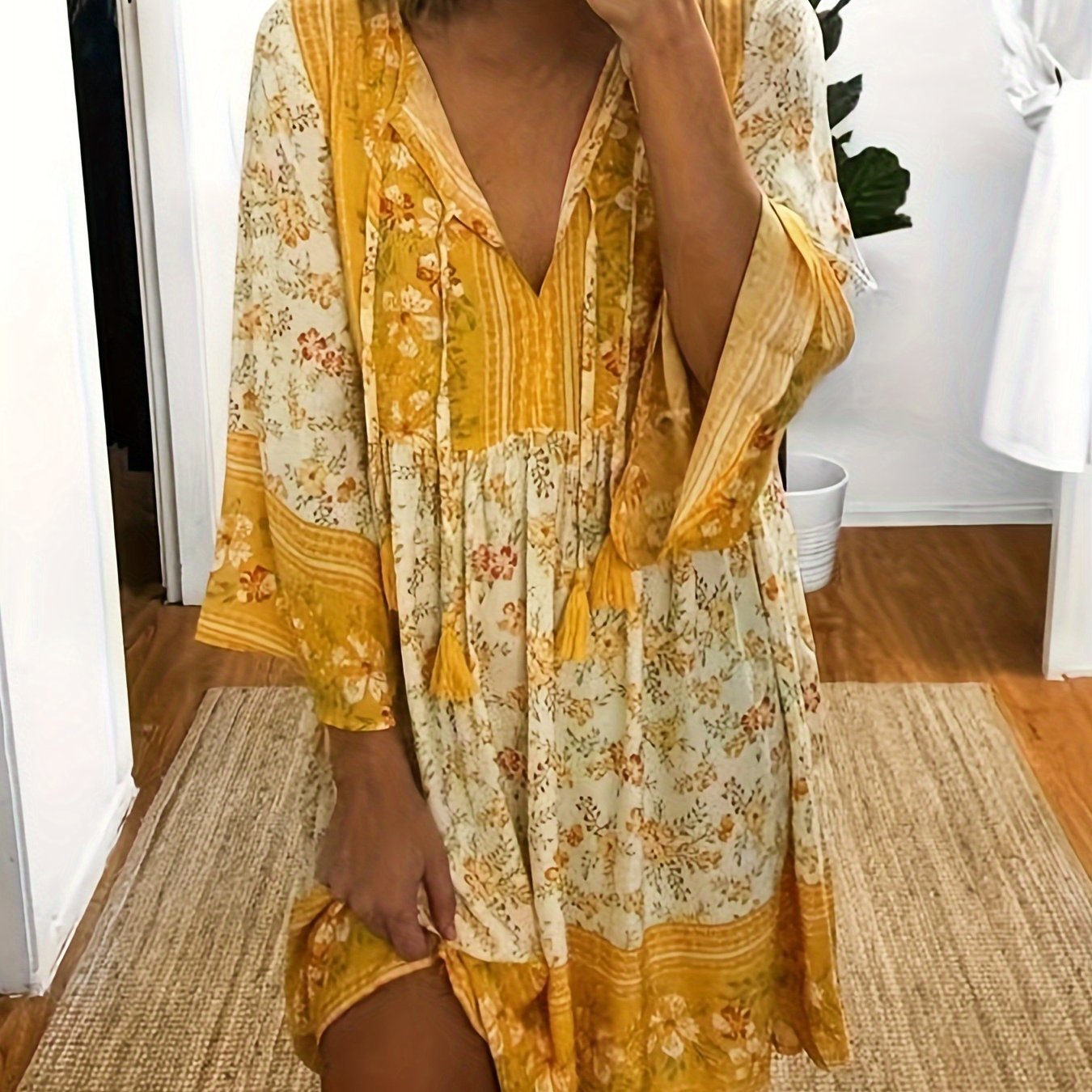 Floral Print Drawstring Dress Vintage V Neck Ruffle Trim Midi Dress