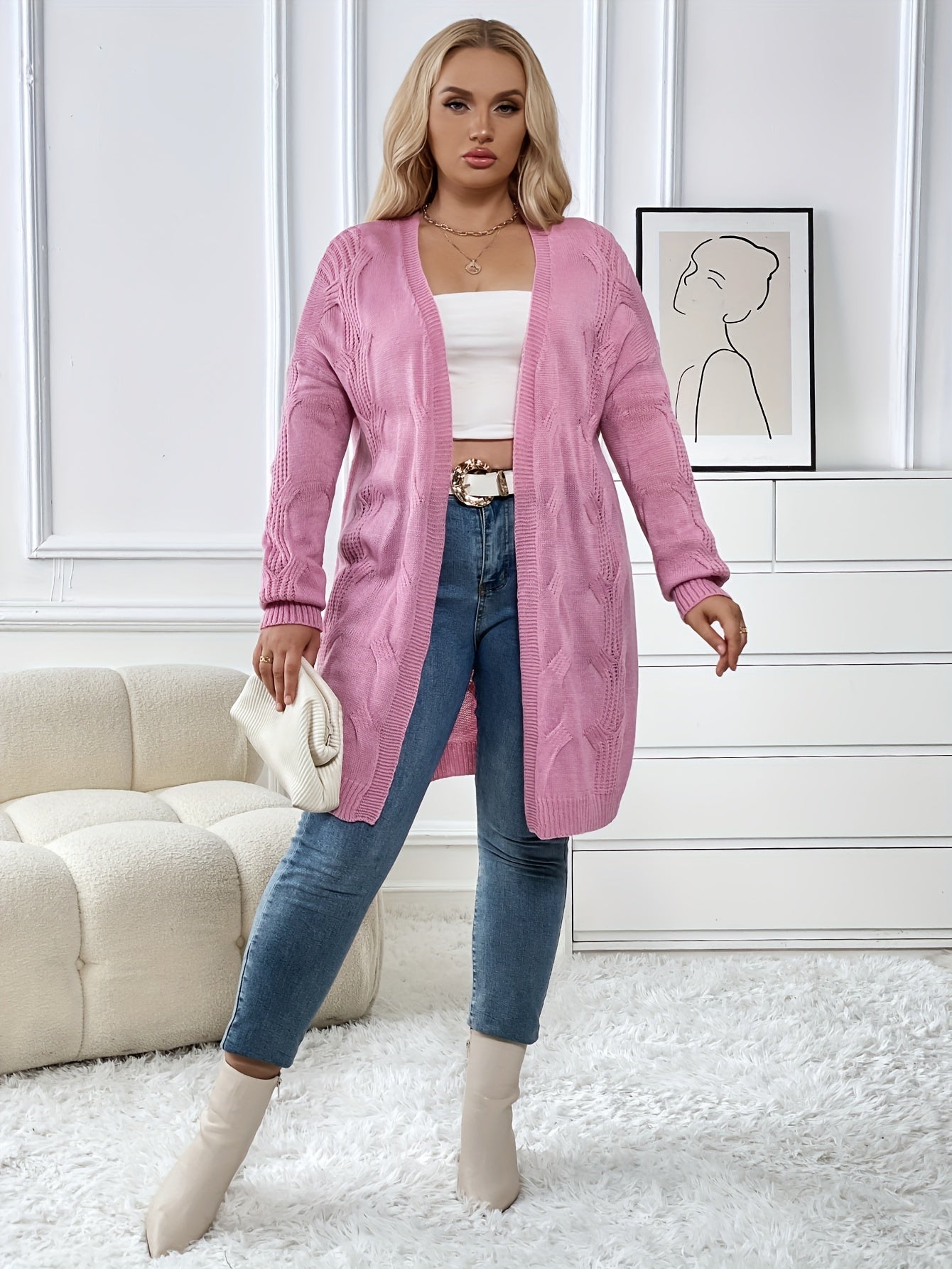 Casual Cardigan Women's Plus Solid Jacquard Long Sleeve Open Front