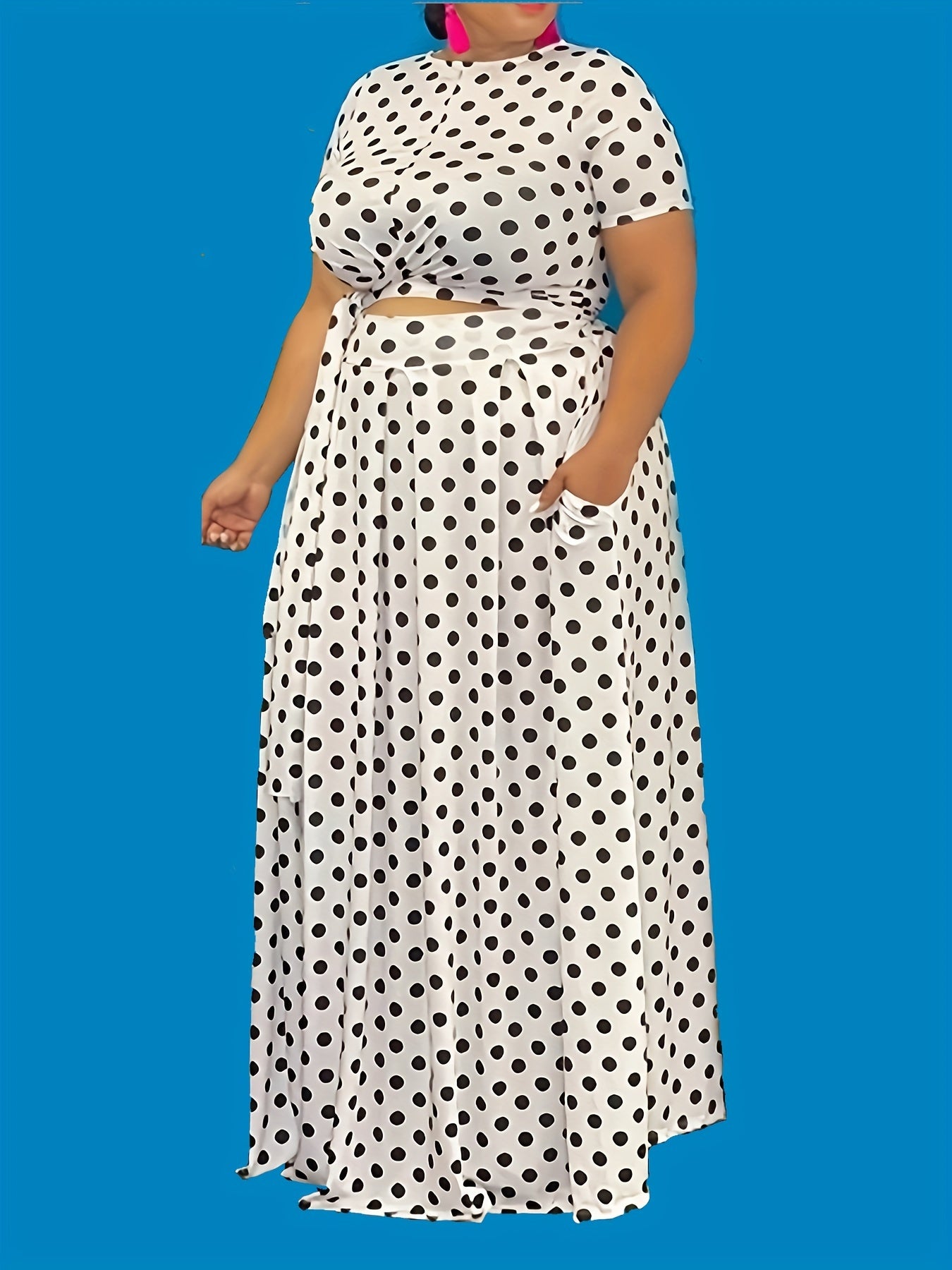 Polka Dot Short Sleeve Crop Top & Maxi Skirt 2pcs Set