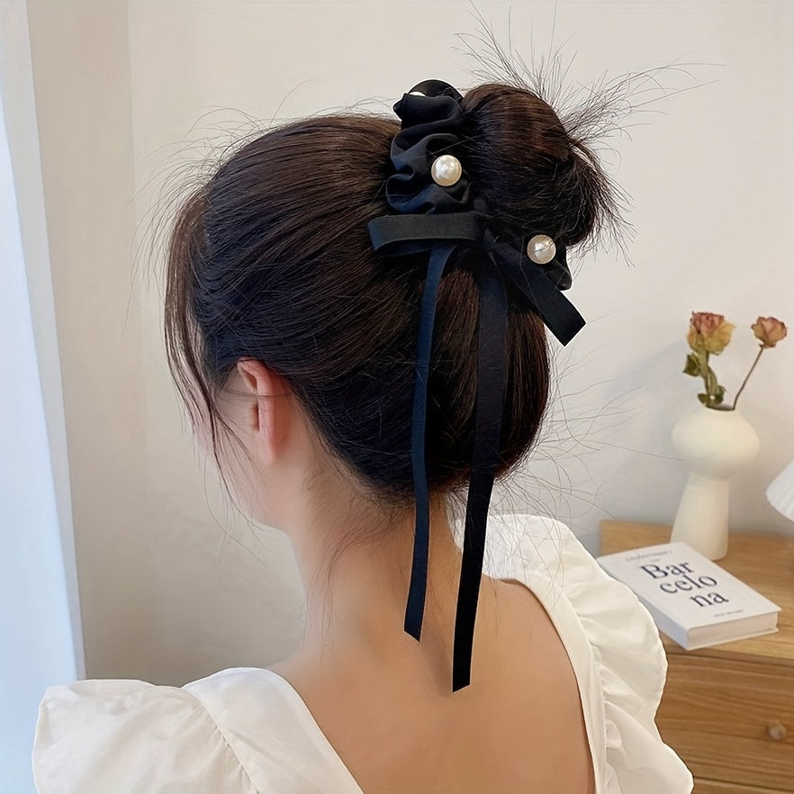 Faux Pearl Scrunchies Hair Tie Ribbon Tassel Hair Rope Satin Soft Ponytail