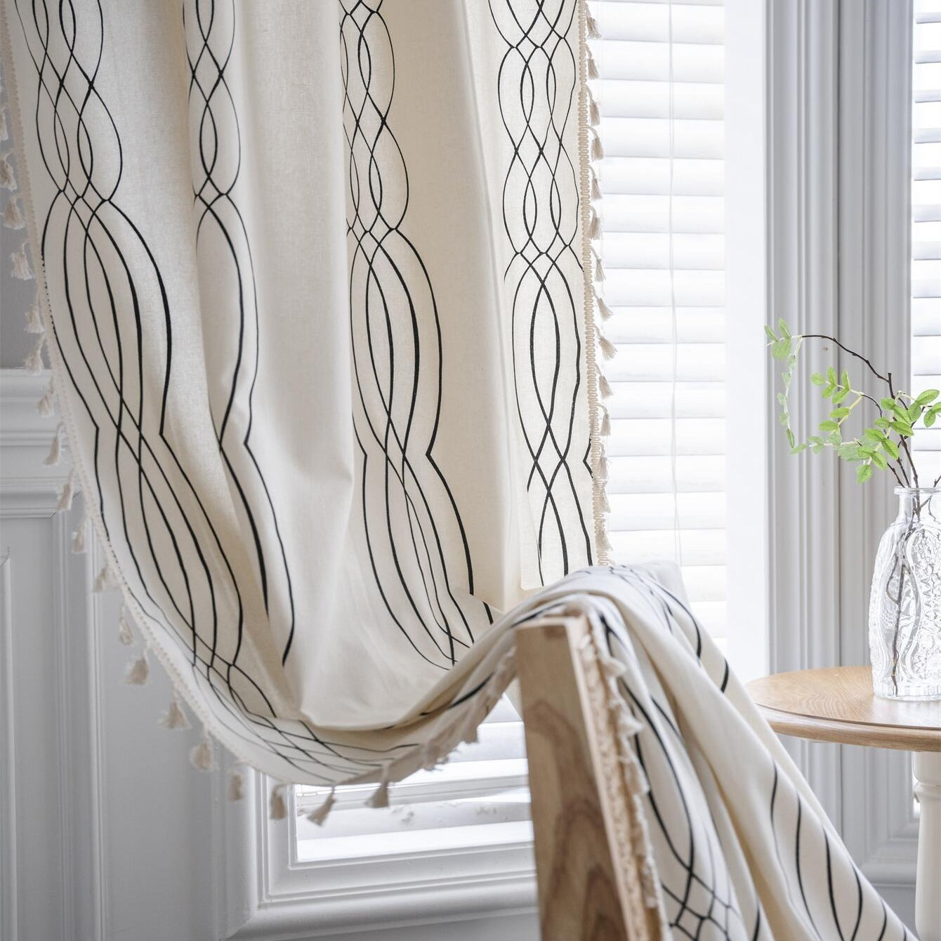 Boho Linen Striped Print Semi Blackout Cream Curtains With Beige Tassel