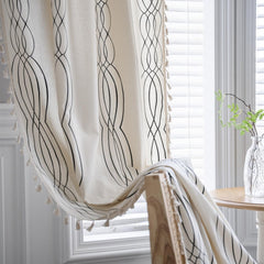 Boho Linen Striped Print Semi Blackout Cream Curtains With Beige Tassel