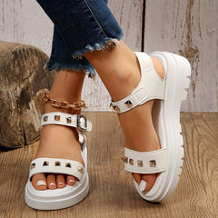 Women's Studded Open Toe Platform Sandals with Ankle Strap Buckle