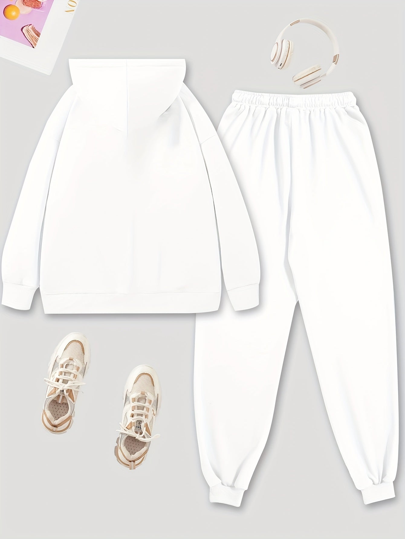 Solid Hoodie & Jogger Pants Set Drawstring Tie Waist