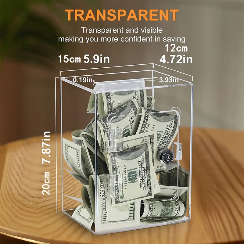 Clear Acrylic Square Piggy Bank with Lock and Door