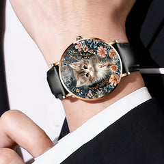 Calico Cat Analog Watch Unisex Minimalist Floral Faux Leather Strap Quartz