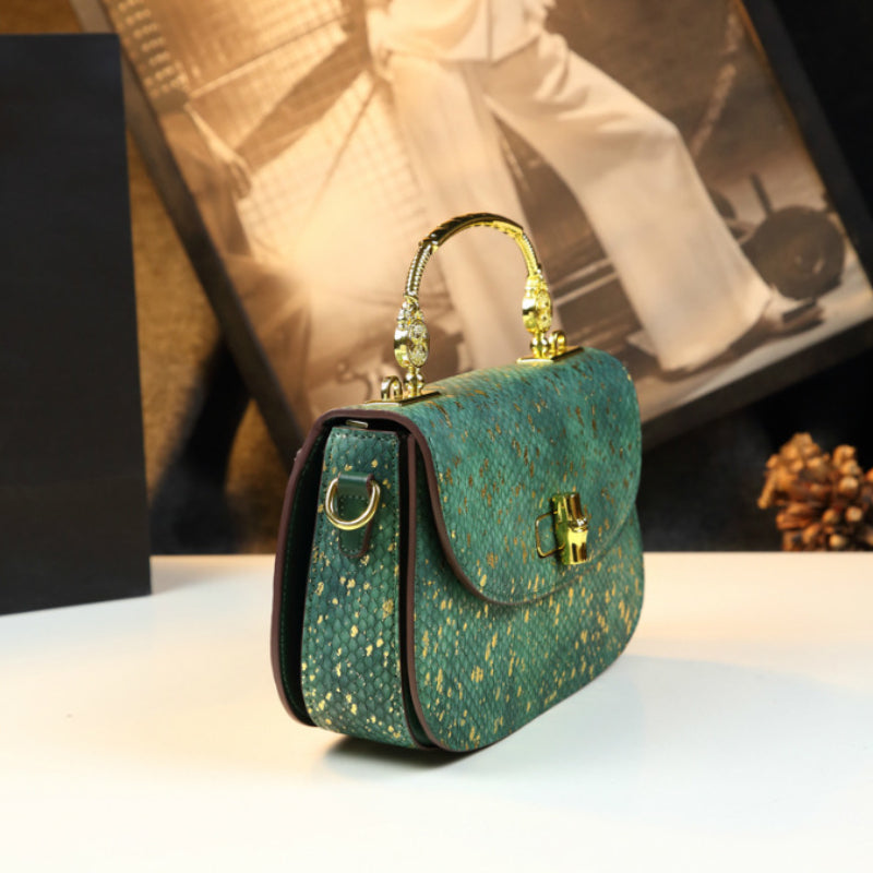 Modern Snake Pattern Handbag with Golden Tone Hardware
