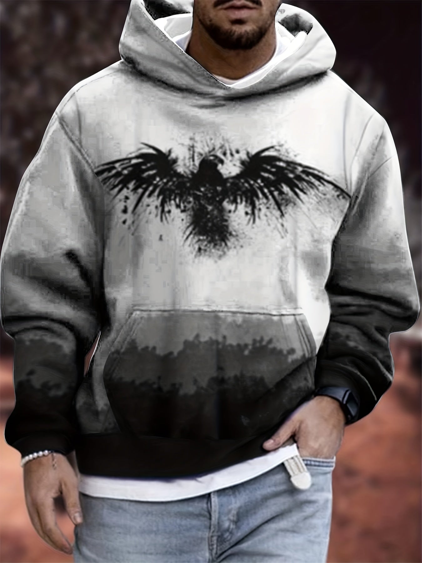 Eagle Gradient Hoodie Mens Graphic Pullover Kangaroo Pocket