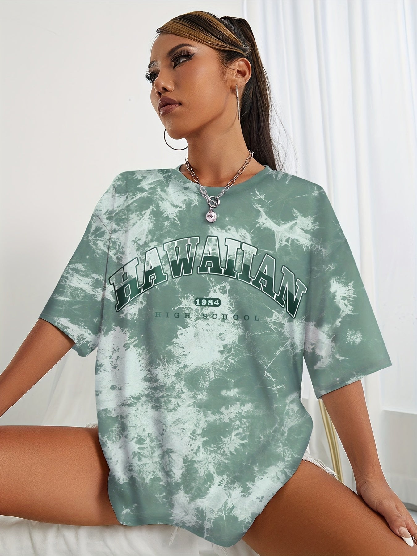 Women's Tie Dye Letter Graphic Tee Casual Loose Sports Crew Neck T shirt