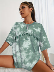 Women's Tie Dye Letter Graphic Tee Casual Loose Sports Crew Neck T shirt
