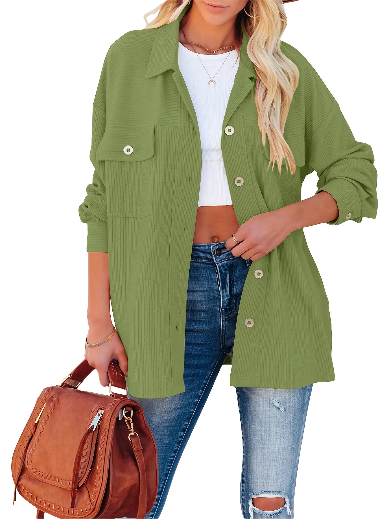 Corduroy Dual Pockets Jacket Lapel Open Front Jacket Women