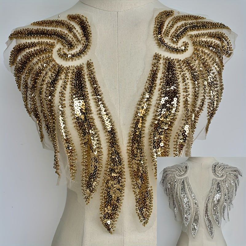 2pcs Golden Wings Sequin Beading Lace Applique for Wedding Dress