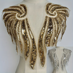 2pcs Golden Wings Sequin Beading Lace Applique for Wedding Dress